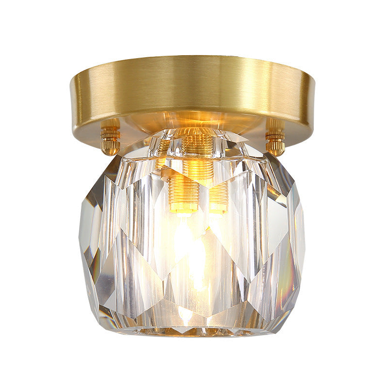 Traditional French Spherical Full Copper Crystal 1-Light Semi-Flush Mount Ceiling Light For Hallway