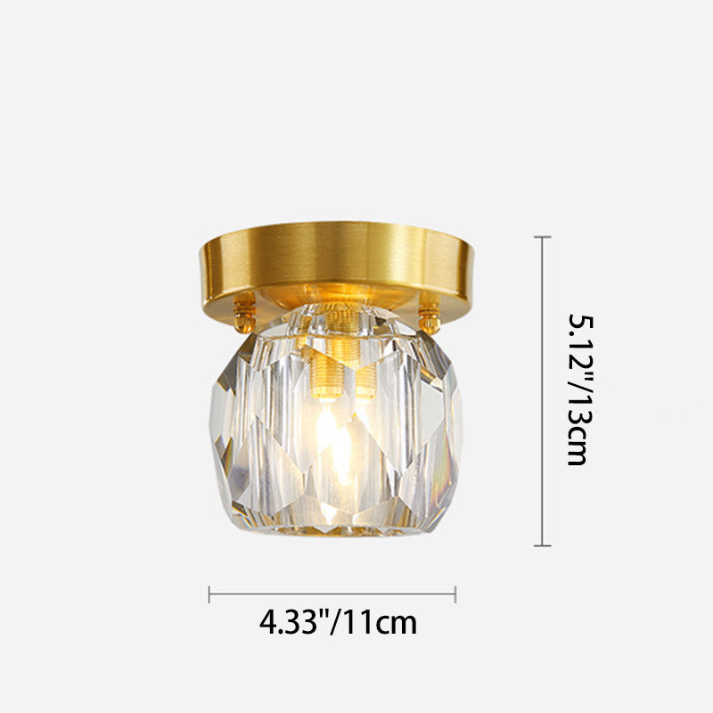Traditional French Spherical Full Copper Crystal 1-Light Semi-Flush Mount Ceiling Light For Hallway