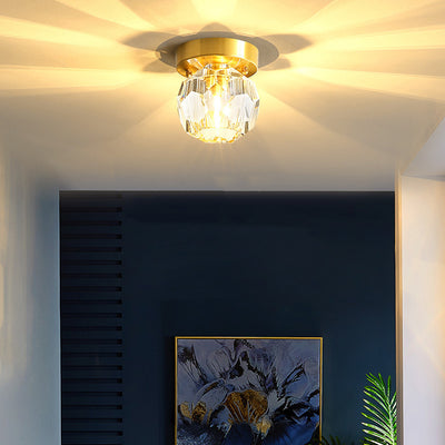 Traditional French Spherical Full Copper Crystal 1-Light Semi-Flush Mount Ceiling Light For Hallway