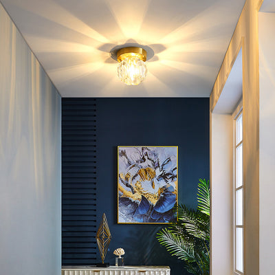 Traditional French Spherical Full Copper Crystal 1-Light Semi-Flush Mount Ceiling Light For Hallway