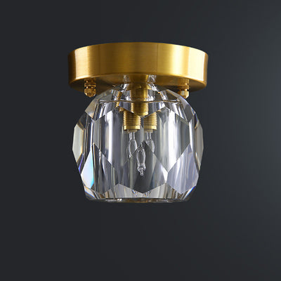 Traditional French Spherical Full Copper Crystal 1-Light Semi-Flush Mount Ceiling Light For Hallway