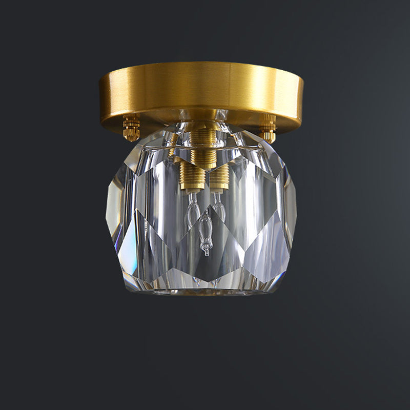 Traditional French Spherical Full Copper Crystal 1-Light Semi-Flush Mount Ceiling Light For Hallway