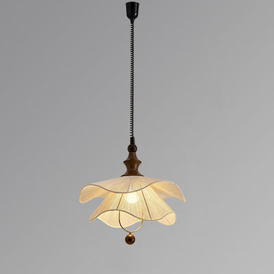Traditional Vintage Petal Shaped Solid Wood Fabric 1-Light Pendant Light For Dining Room