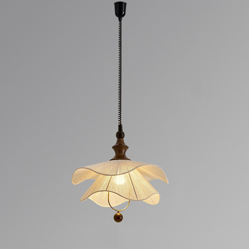 Traditional Vintage Petal Shaped Solid Wood Fabric 1-Light Pendant Light For Dining Room