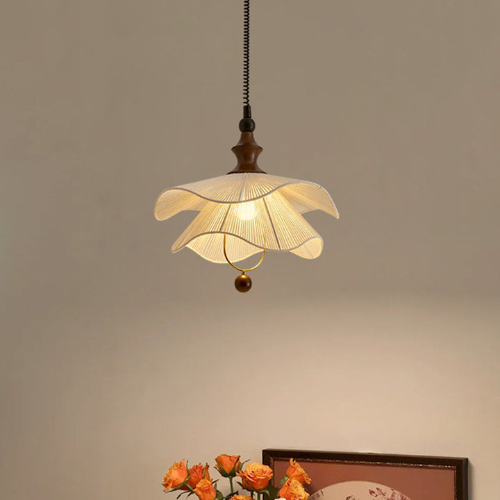 Lámpara colgante vintage tradicional con forma de pétalo de madera maciza y tela de 1 luz para comedor 