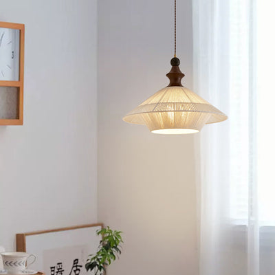 Traditional Vintage Petal Shaped Solid Wood Fabric 1-Light Pendant Light For Dining Room