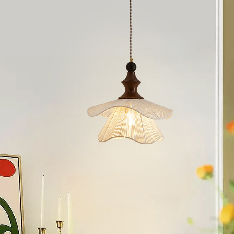 Lámpara colgante vintage tradicional con forma de pétalo de madera maciza y tela de 1 luz para comedor 
