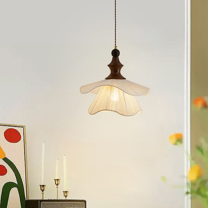 Lámpara colgante vintage tradicional con forma de pétalo de madera maciza y tela de 1 luz para comedor 