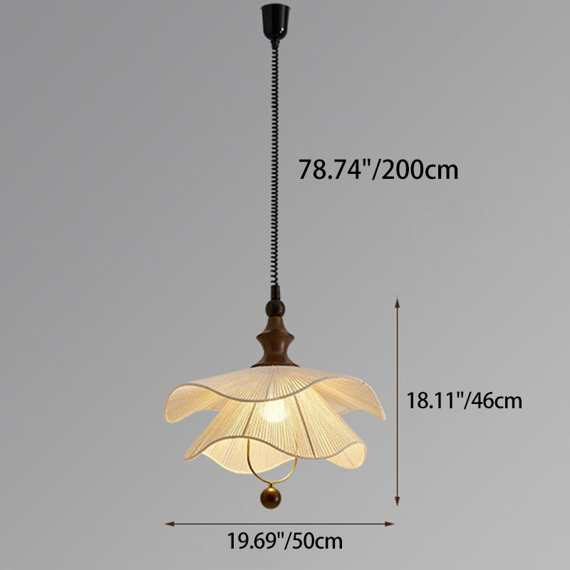 Lámpara colgante vintage tradicional con forma de pétalo de madera maciza y tela de 1 luz para comedor 