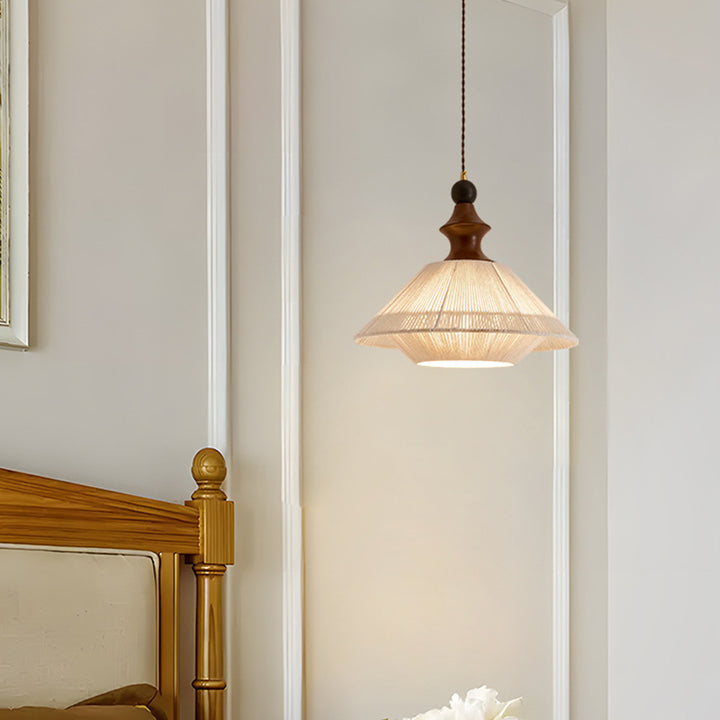 Lámpara colgante vintage tradicional con forma de pétalo de madera maciza y tela de 1 luz para comedor 