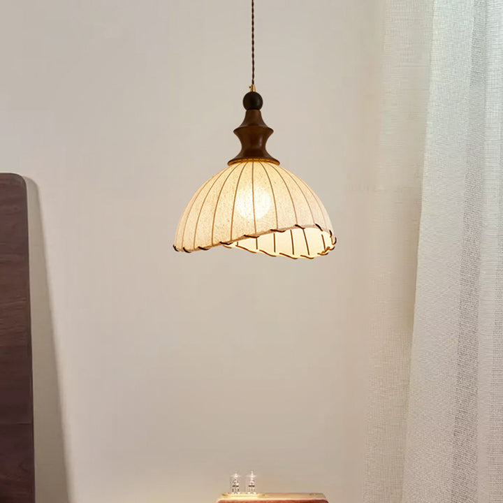 Lámpara colgante vintage tradicional con forma de pétalo de madera maciza y tela de 1 luz para comedor 