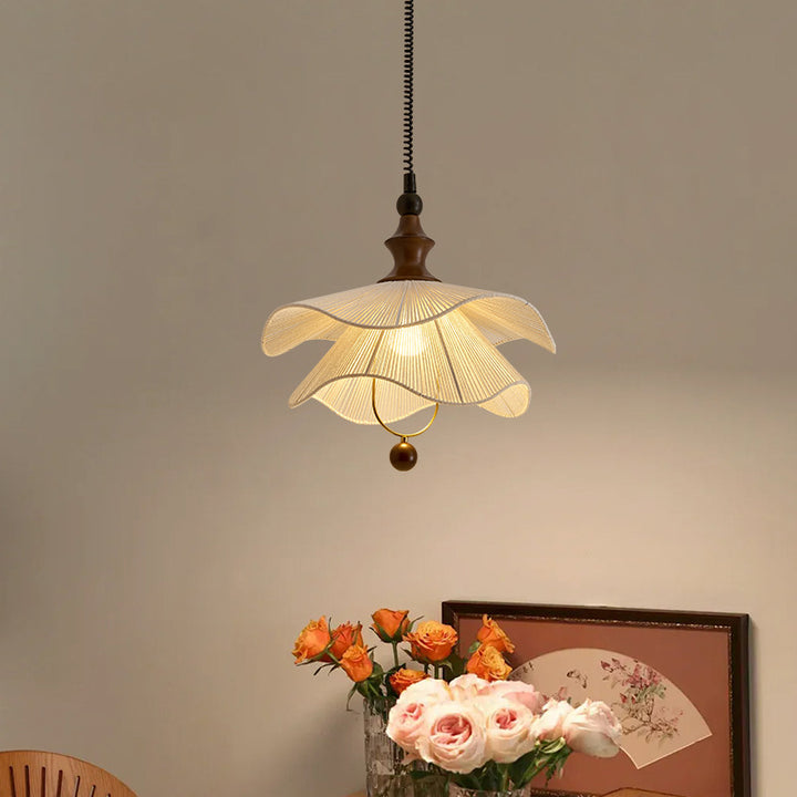 Lámpara colgante vintage tradicional con forma de pétalo de madera maciza y tela de 1 luz para comedor 