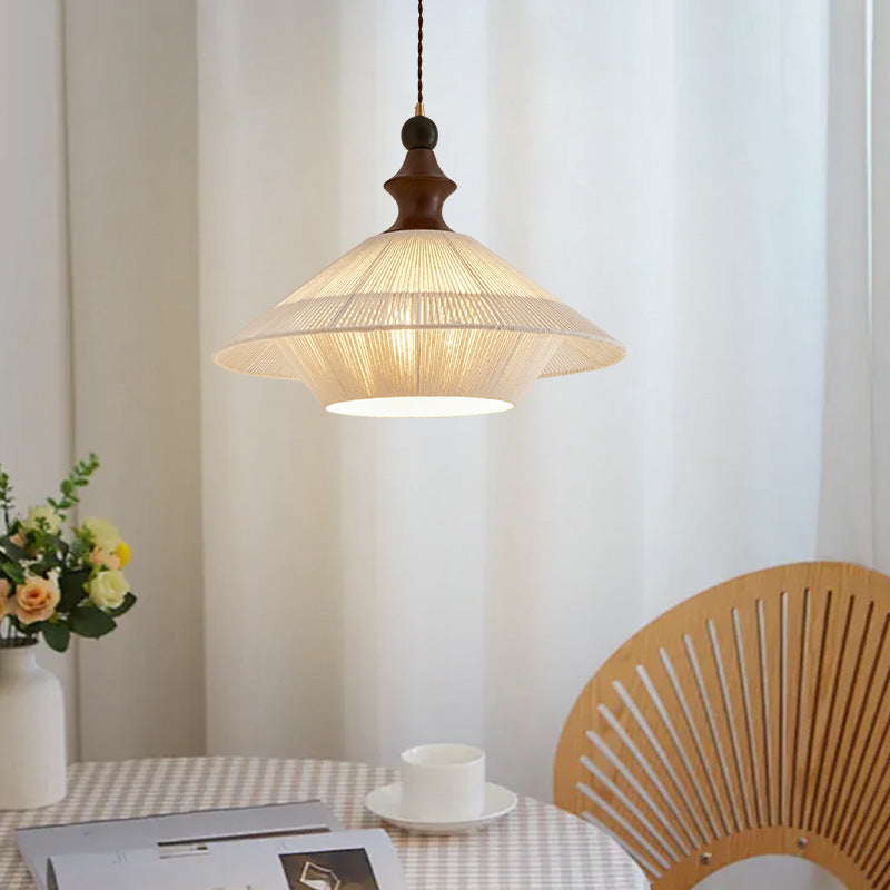 Traditional Vintage Petal Shaped Solid Wood Fabric 1-Light Pendant Light For Dining Room