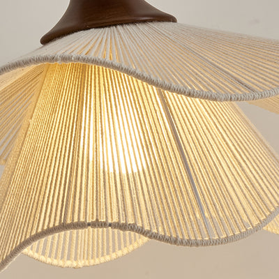 Traditional Vintage Petal Shaped Solid Wood Fabric 1-Light Pendant Light For Dining Room