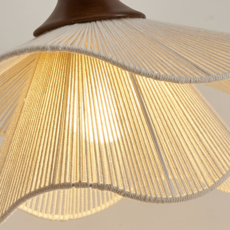 Traditional Vintage Petal Shaped Solid Wood Fabric 1-Light Pendant Light For Dining Room