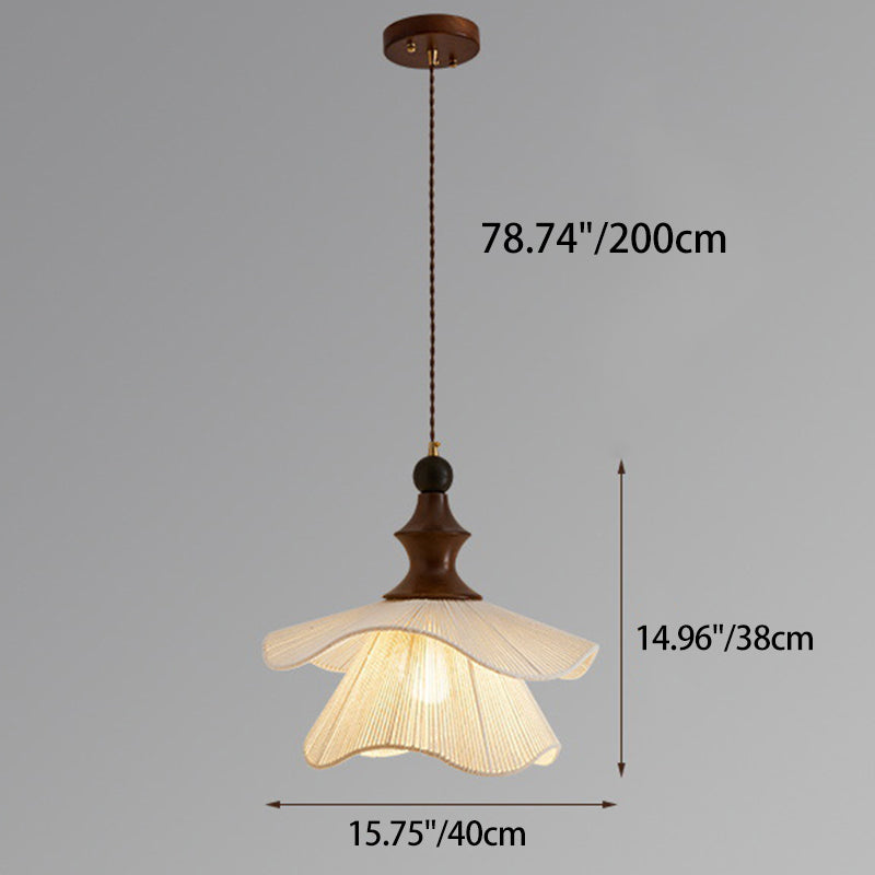 Lámpara colgante vintage tradicional con forma de pétalo de madera maciza y tela de 1 luz para comedor 