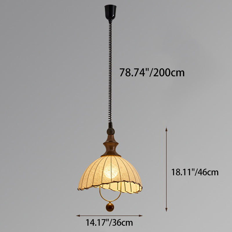 Lámpara colgante vintage tradicional con forma de pétalo de madera maciza y tela de 1 luz para comedor 
