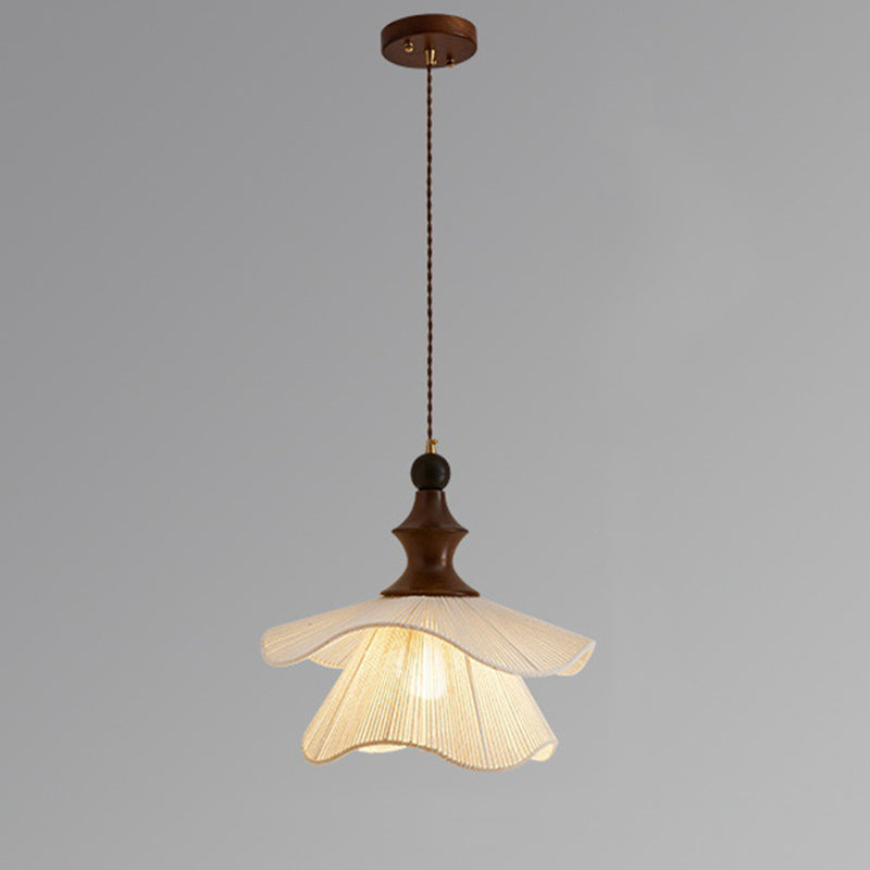 Traditional Vintage Petal Shaped Solid Wood Fabric 1-Light Pendant Light For Dining Room