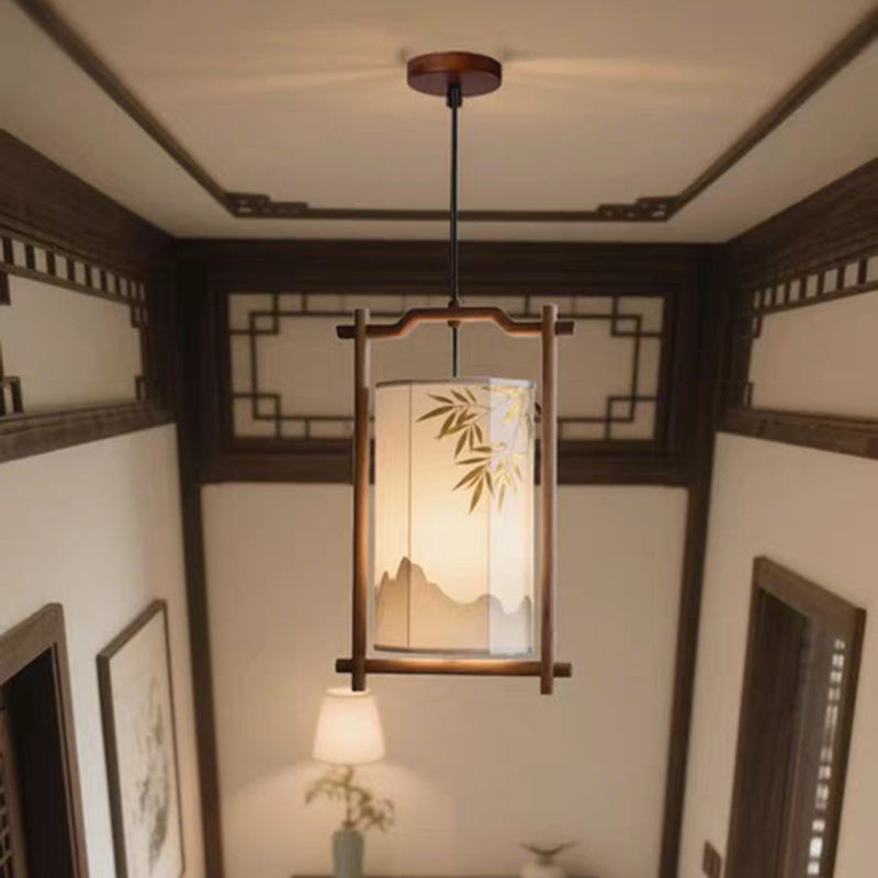 Forma de linterna china tradicional de madera maciza con pantalla de tela, colgante de 1 luz para comedor 