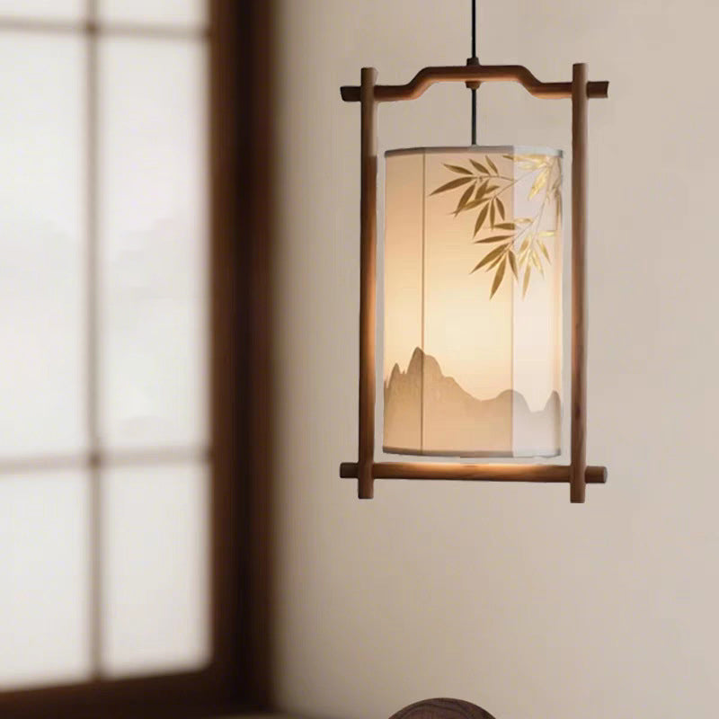 Forma de linterna china tradicional de madera maciza con pantalla de tela, colgante de 1 luz para comedor 