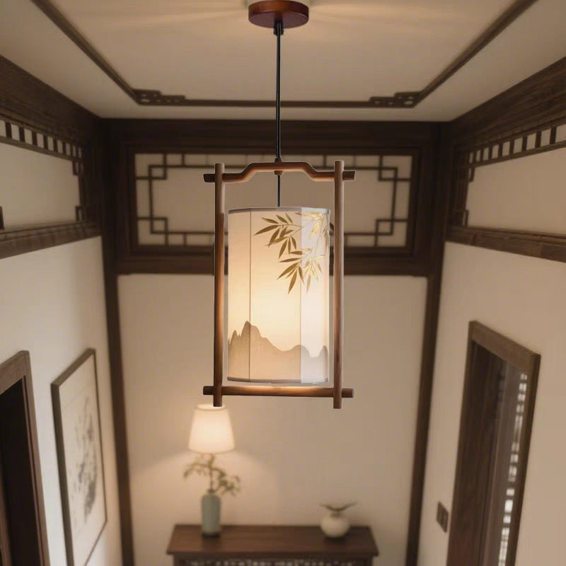 Forma de linterna china tradicional de madera maciza con pantalla de tela, colgante de 1 luz para comedor 
