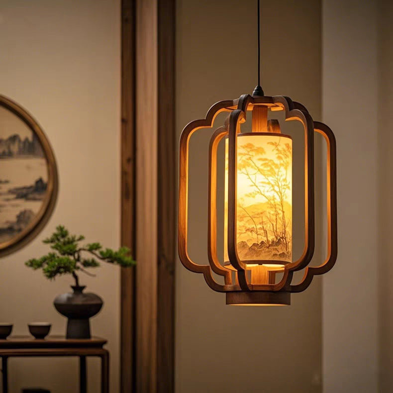 Forma de linterna china tradicional de madera maciza con pantalla de tela, colgante de 1 luz para comedor 