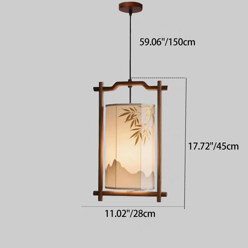 Forma de linterna china tradicional de madera maciza con pantalla de tela, colgante de 1 luz para comedor 