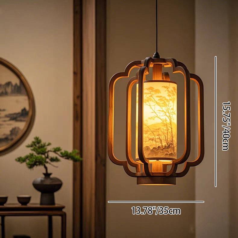 Forma de linterna china tradicional de madera maciza con pantalla de tela, colgante de 1 luz para comedor 