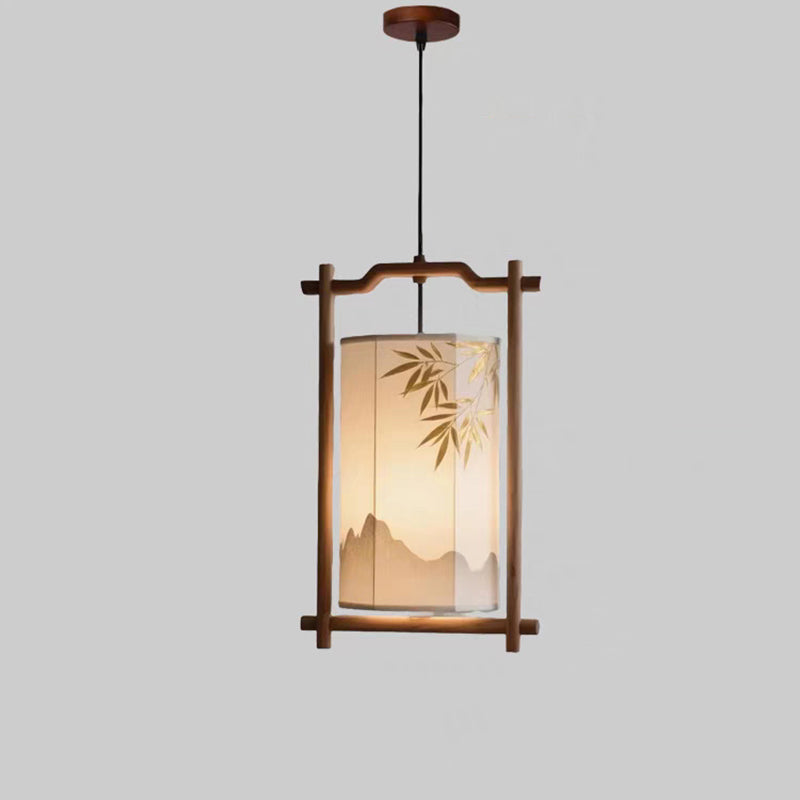 Forma de linterna china tradicional de madera maciza con pantalla de tela, colgante de 1 luz para comedor 