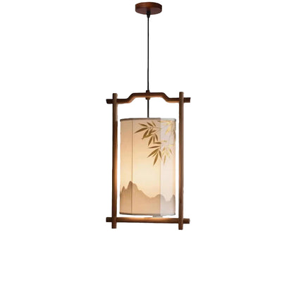 Forma de linterna china tradicional de madera maciza con pantalla de tela, colgante de 1 luz para comedor 