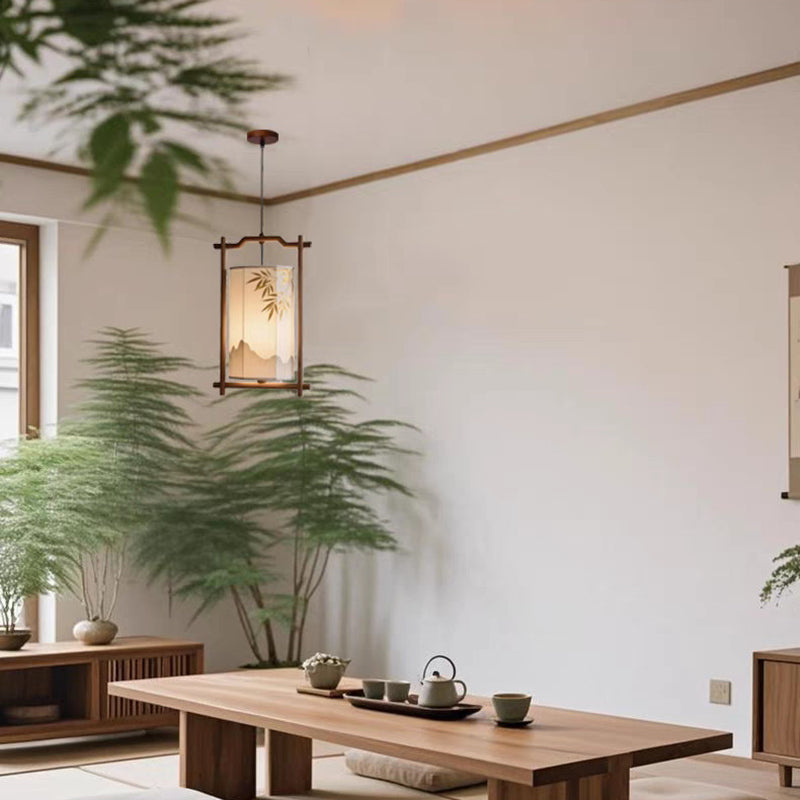 Forma de linterna china tradicional de madera maciza con pantalla de tela, colgante de 1 luz para comedor 