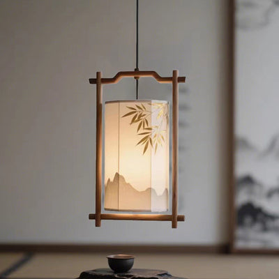 Forma de linterna china tradicional de madera maciza con pantalla de tela, colgante de 1 luz para comedor 