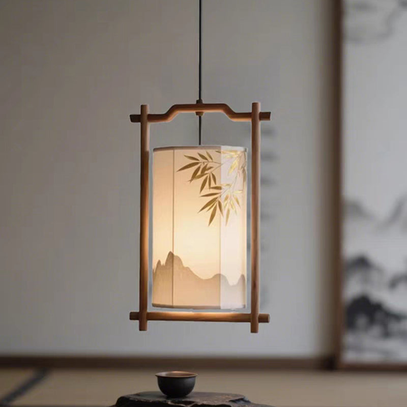 Forma de linterna china tradicional de madera maciza con pantalla de tela, colgante de 1 luz para comedor 