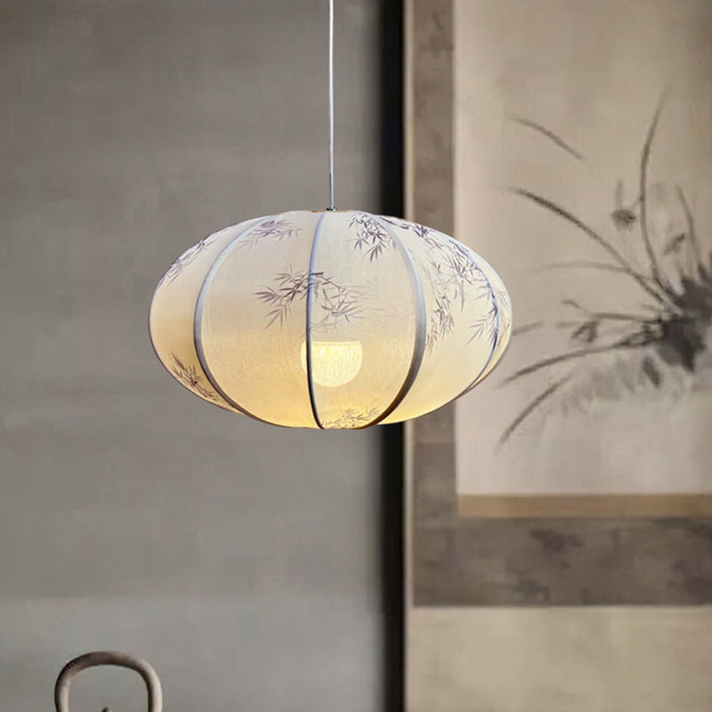 Traditional Chinese Lantern Shaped Metal Fabric 1-Light Pendant Light For Dining Room