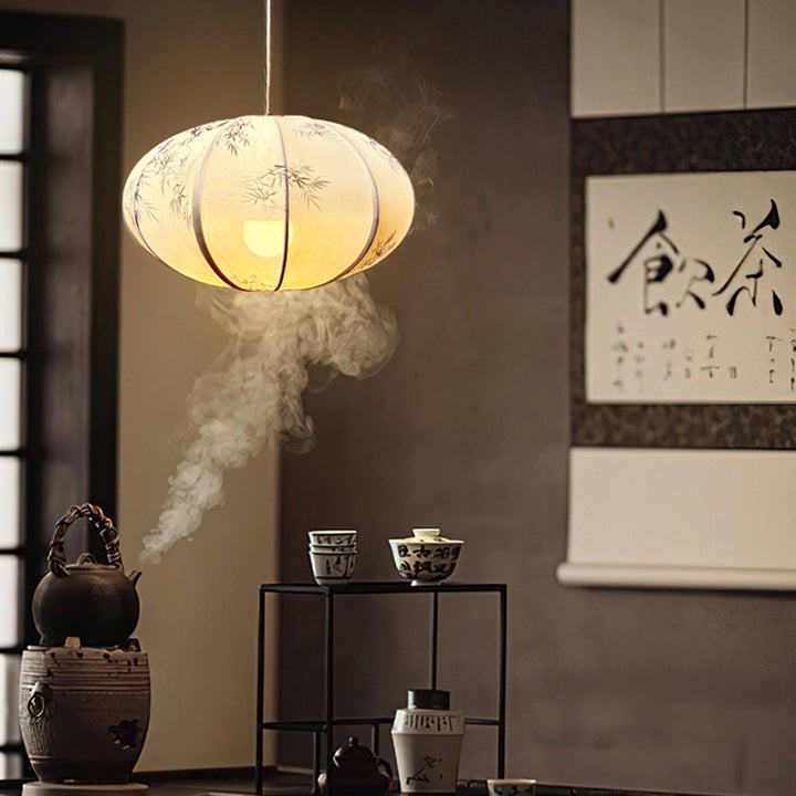 Lustre suspendu en métal en forme de lanterne chinoise traditionnelle avec un tissu à une lumière pour salle à manger 
