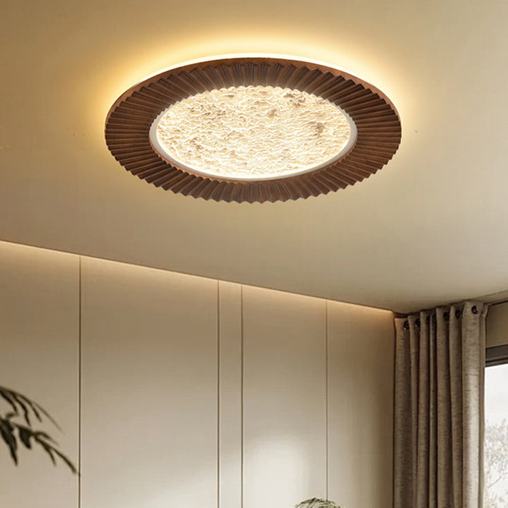 Traditional Vintage Round Oak Iron Acrylic LED Flush Mount Ceiling Light For Bedroom