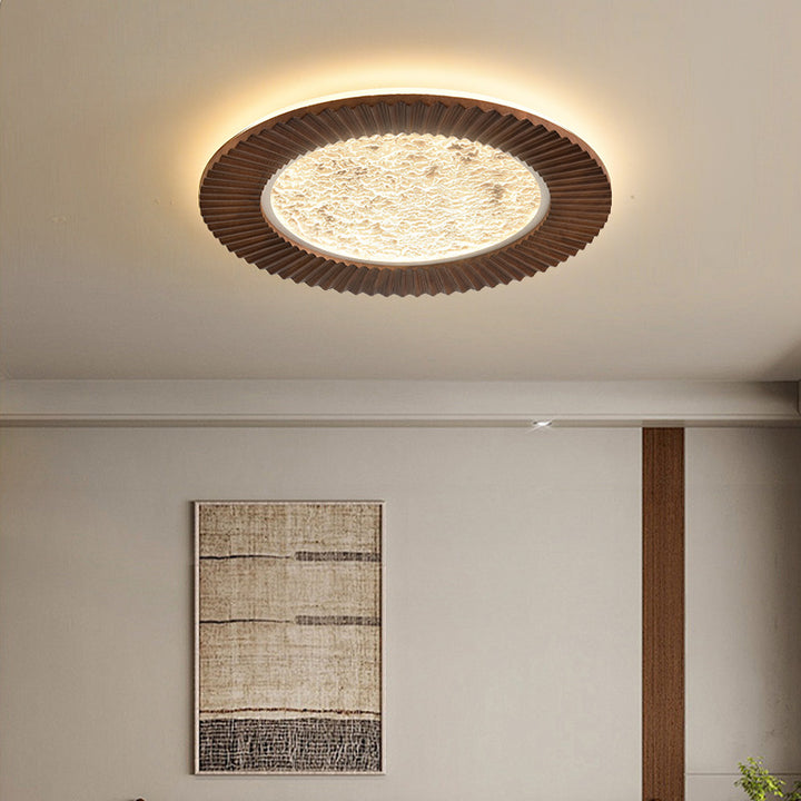 Traditional Vintage Round Oak Iron Acrylic LED Flush Mount Ceiling Light For Bedroom
