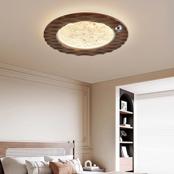 Traditional Vintage Round Oak Iron Acrylic LED Flush Mount Ceiling Light For Bedroom