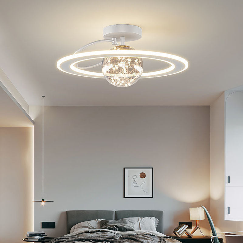 Traditional Luxury Planet Shape Glass Iron Acrylic LED Semi-Flush Mount Ceiling Light For Bedroom