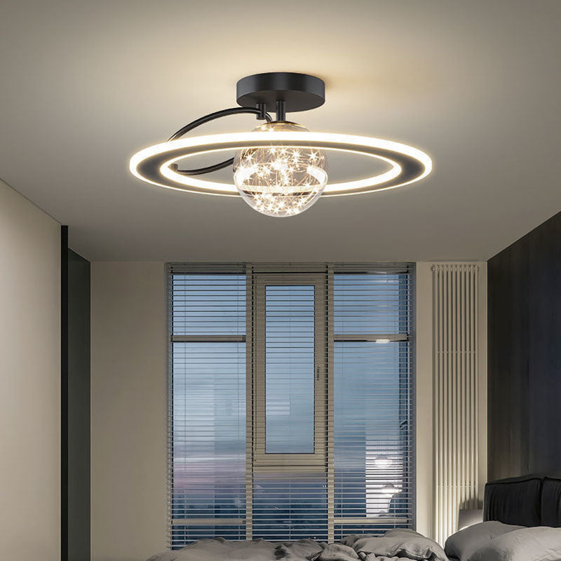 Traditional Luxury Planet Shape Glass Iron Acrylic LED Semi-Flush Mount Ceiling Light For Bedroom