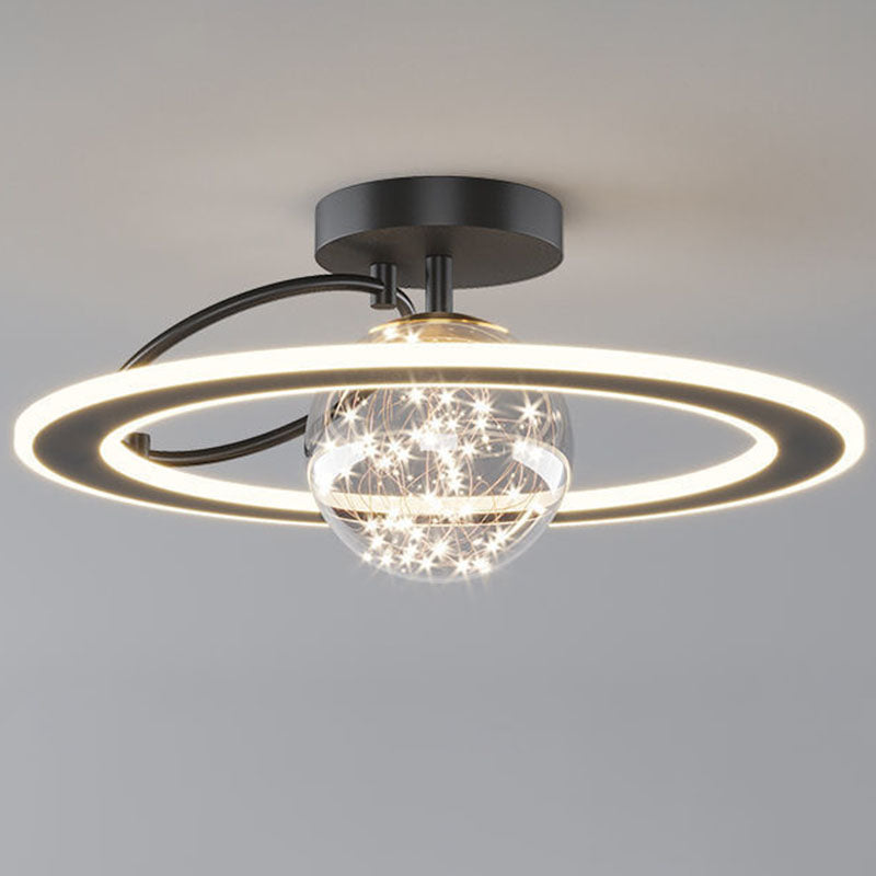 Traditional Luxury Planet Shape Glass Iron Acrylic LED Semi-Flush Mount Ceiling Light For Bedroom