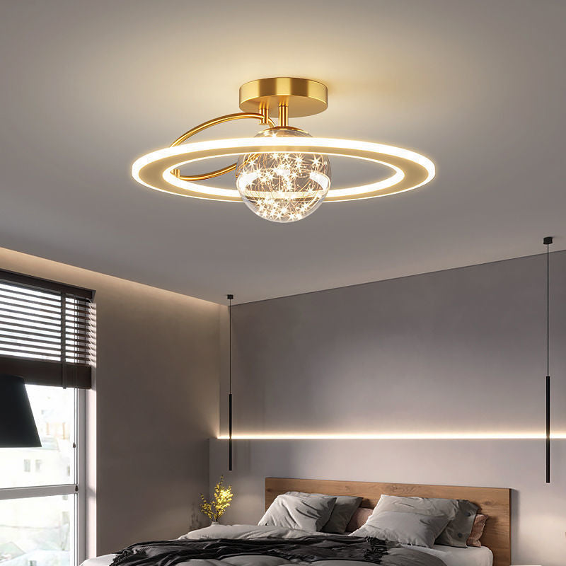 Traditional Luxury Planet Shape Glass Iron Acrylic LED Semi-Flush Mount Ceiling Light For Bedroom