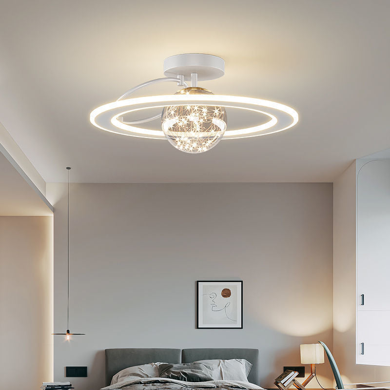 Traditional Luxury Planet Shape Glass Iron Acrylic LED Semi-Flush Mount Ceiling Light For Bedroom