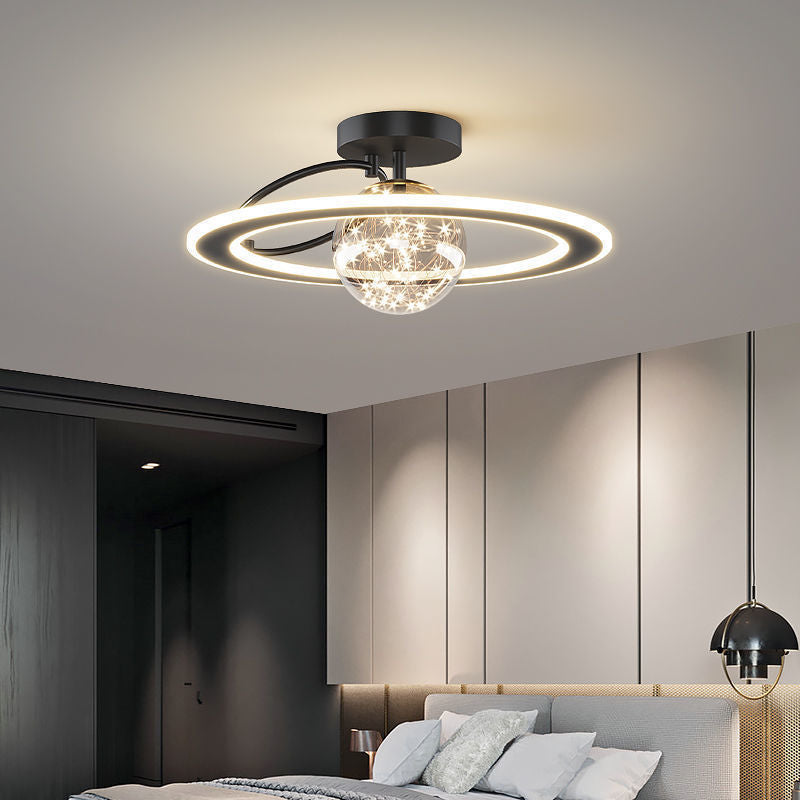 Traditional Luxury Planet Shape Glass Iron Acrylic LED Semi-Flush Mount Ceiling Light For Bedroom