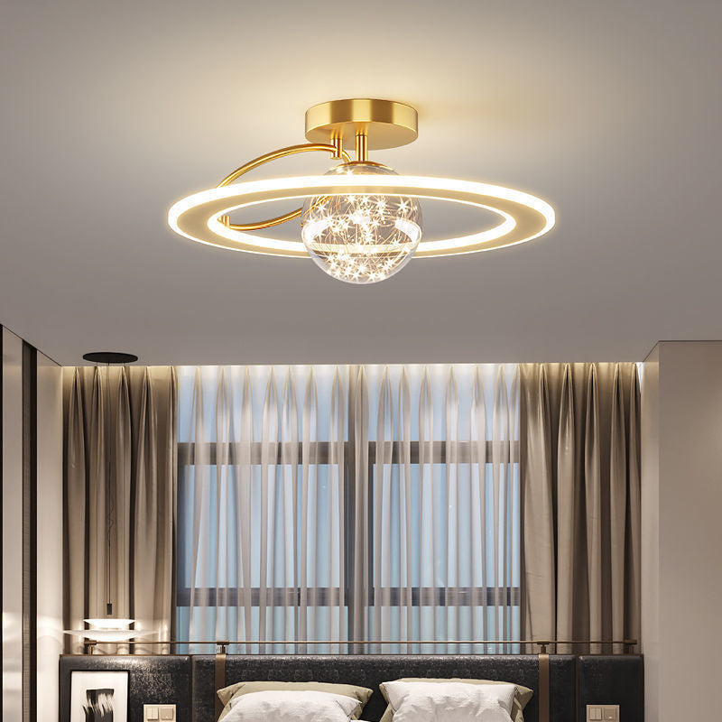 Traditional Luxury Planet Shape Glass Iron Acrylic LED Semi-Flush Mount Ceiling Light For Bedroom