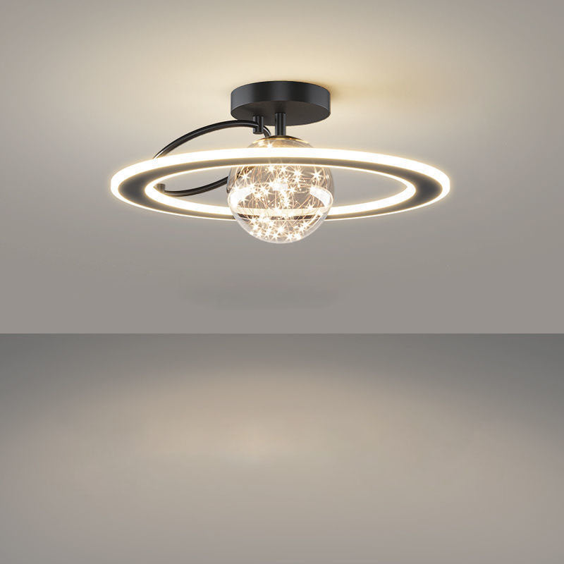 Traditional Luxury Planet Shape Glass Iron Acrylic LED Semi-Flush Mount Ceiling Light For Bedroom