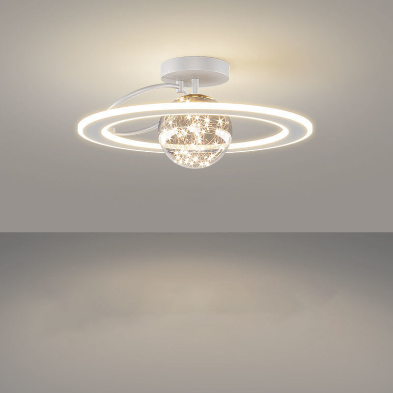 Traditional Luxury Planet Shape Glass Iron Acrylic LED Semi-Flush Mount Ceiling Light For Bedroom