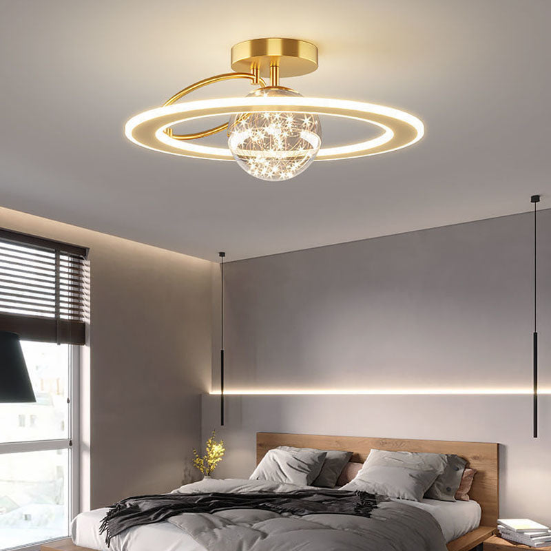 Traditional Luxury Planet Shape Glass Iron Acrylic LED Semi-Flush Mount Ceiling Light For Bedroom