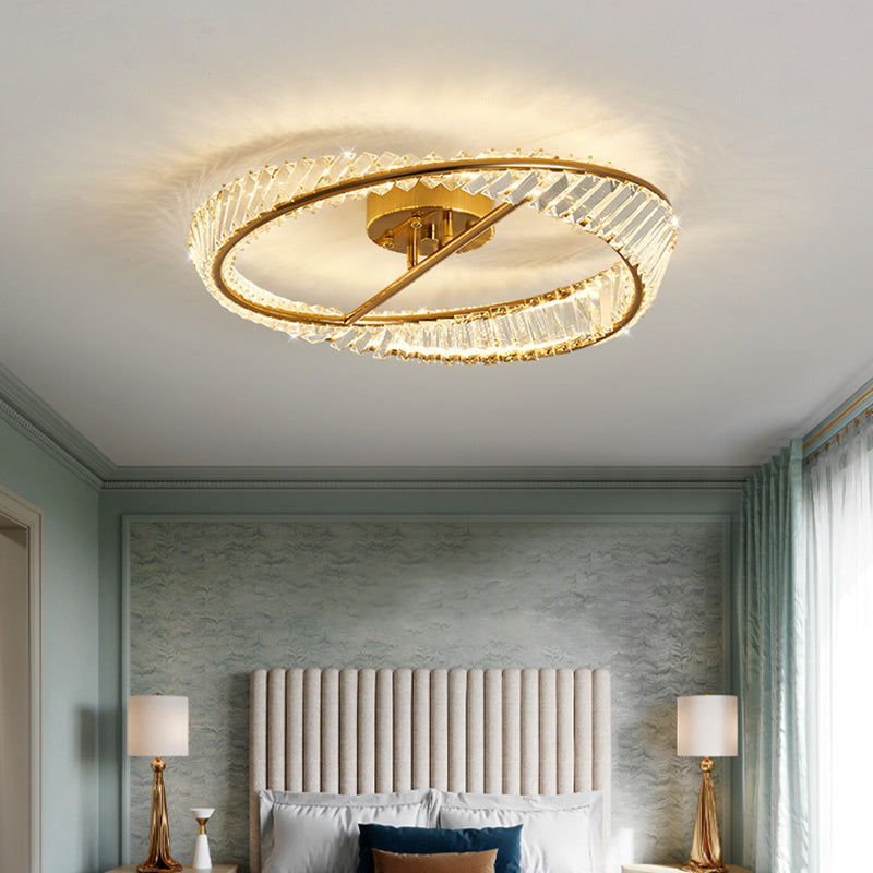 Traditional Luxury Ring Metal Crystal LED Semi-Flush Mount Ceiling Light For Bedroom