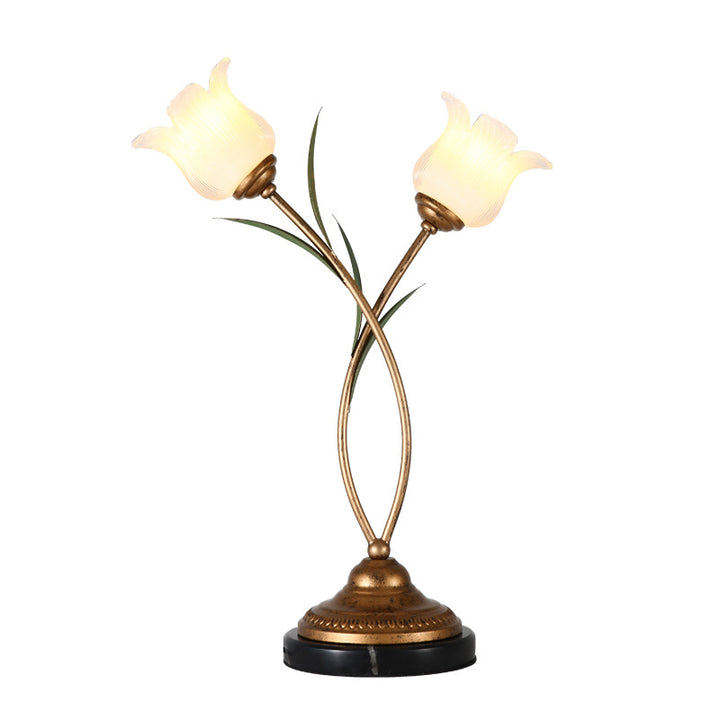Lámpara de mesa contemporánea creativa de hierro con forma de flor de vidrio de 2 luces para dormitorio 